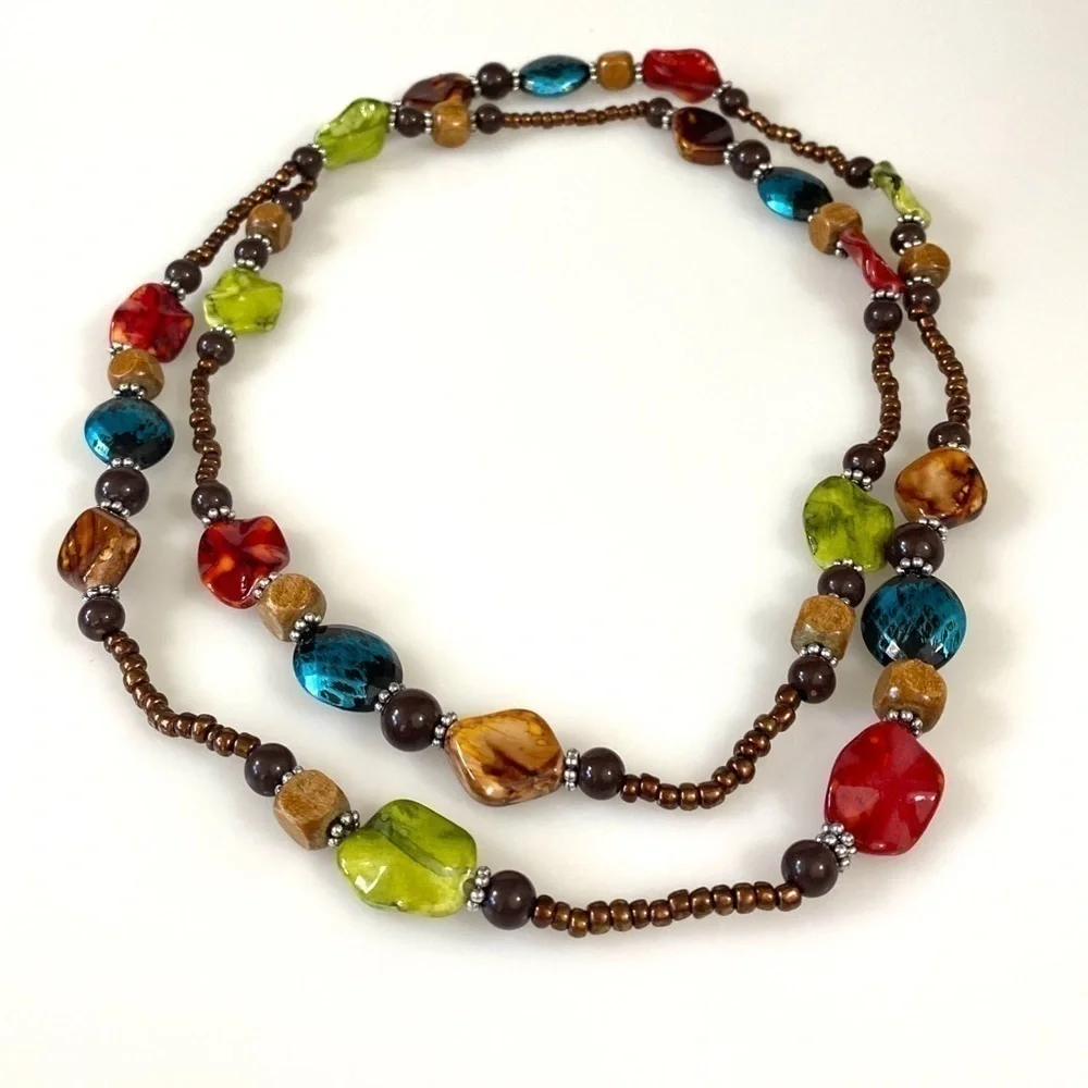 Beaded Necklace Long Artisan plastic / wood 46”
